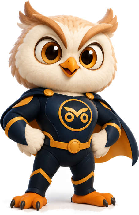 Mascote da Coruja Fiscal, uma coruja super-heroína de uniforme azul-noite e âmbar